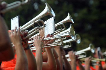 Trumpet players during marching band rehearsal on field, Stillwater, Oklahoma