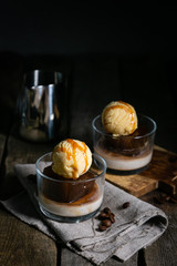 Dessert with liqueur, coffee ice cubes and ice cream