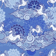 Unicorn and cloud and mandala design for fantasy  Porcelain blue and white tone with pastel blue background seamless pattern vector