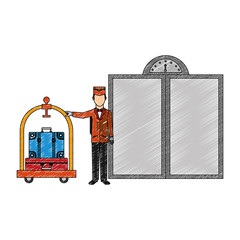 door of elevator with bellboy hotel isolated icon