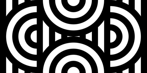 Seamless pattern with circles and striped black white straight lines. Optical illusion effect. Geometric tile in op art style. Vector illusive background for cloth, textile, print, web.