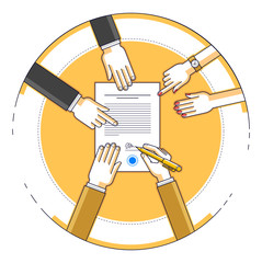 Businessman signs bank financial form of money credit with employees helps him and explains the terms of loan, contract signing vector illustration, top view of desk with people hands.