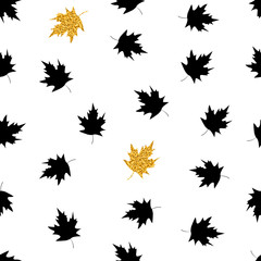 Seamless pattern with black and gold maple leaves on the white background