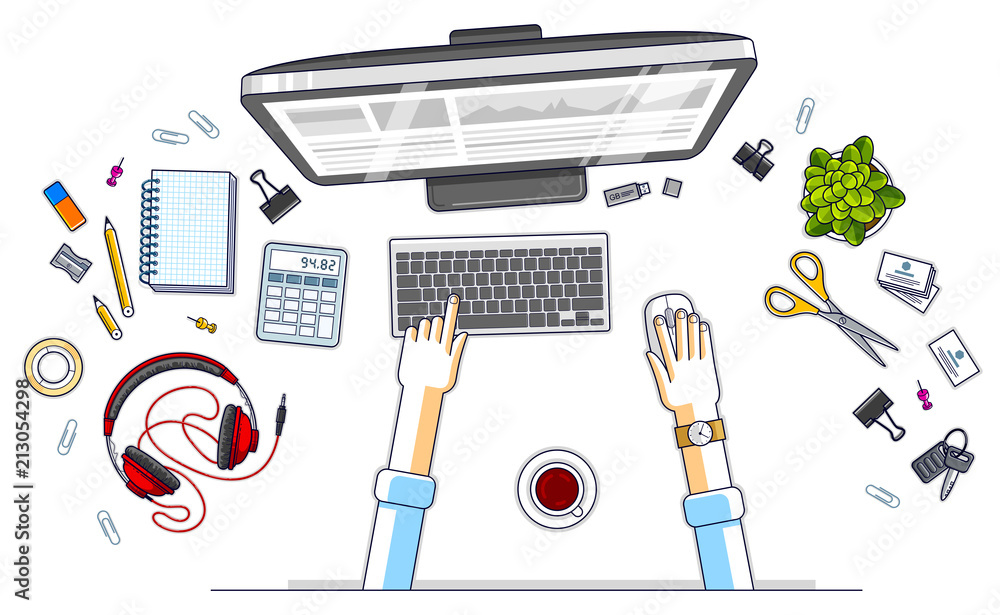 Fototapete work desk workspace top view with hands of office worker or entrepreneur, pc computer and a lot of d