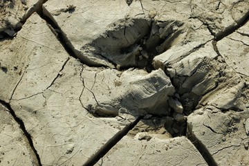 Footprints on the surface of the bank of a mountain river after a flood, background