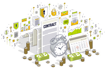 Deadline concept, table Alarm Clock and Calendar with cash money stacks isolated on white background. Vector 3d isometric business illustration with icons, stats charts and design elements.