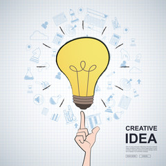 Creative ideas concept. Bulb light and symbols