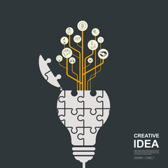 Creative ideas concept. Bulb light and symbols