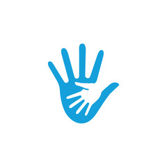 Fototapeta na wymiar Friendly gesture of the hand in the hand. Abstract shape, minimalistic flat stylized, blue color logo template. Palm, children's palm, gesture, arm, fingers logo elements. Universal company symbol. 