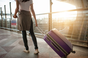 Young woman pulling suitcase in modern airport terminal. Travelling guy with his luggage while waiting for transport. Rear view. Copy space