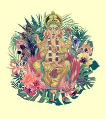 Watercolor hand drawn illustration with ganesha, flowers, leaves, feathers.