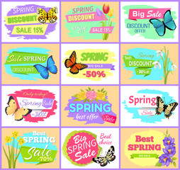 Fototapeta premium Spring Sale Set Posters Butterflies and Flowers