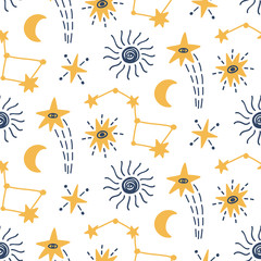 Fototapeta na wymiar Outer Space childish seamless pattern with stars, comets, cosmic elements