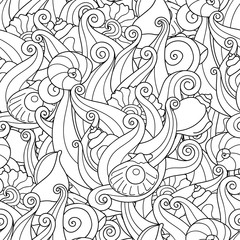 Vector seamless pattern with doodle waves and seashells. Background for coloring book or design print. Easy to change color.