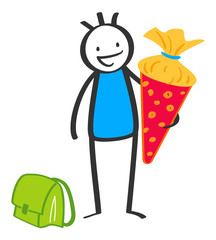 Schulkind mit Schultüte, Grundschüler, Einschulung, Schuljunge, Junge mit Schultasche, Strichmännchen