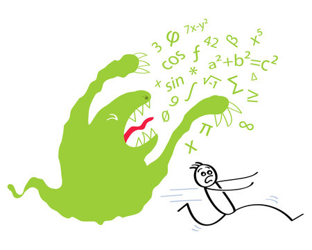 Angst vor Mathe, Mathemonster, Zahlenmonster, Sch&uuml;ler, Strichm&auml;nnchen rennt davon