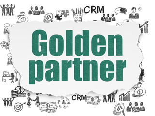 Business concept: Painted green text Golden Partner on Torn Paper background with  Hand Drawn Business Icons