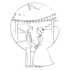 bride and groom holding hands in night scene