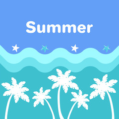 Fototapeta na wymiar Summer Poster with Palm Trees, Blue Sea Waves