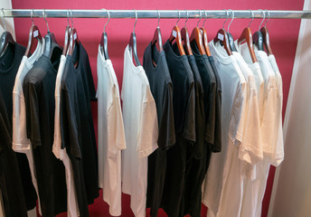 Black and white t-shirt hanging on wooden hanger and metal bar against red wall