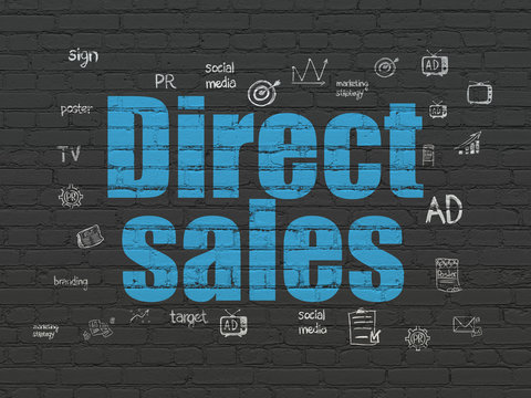 Marketing concept: Painted blue text Direct Sales on Black Brick wall background with  Hand Drawn Marketing Icons