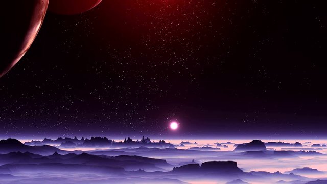 Two Moons and Two Suns over Alien Planet. Two huge moon illuminated by red light of the distant sun. Second sun hangs over the misty horizon. In the dark sky bright stars.