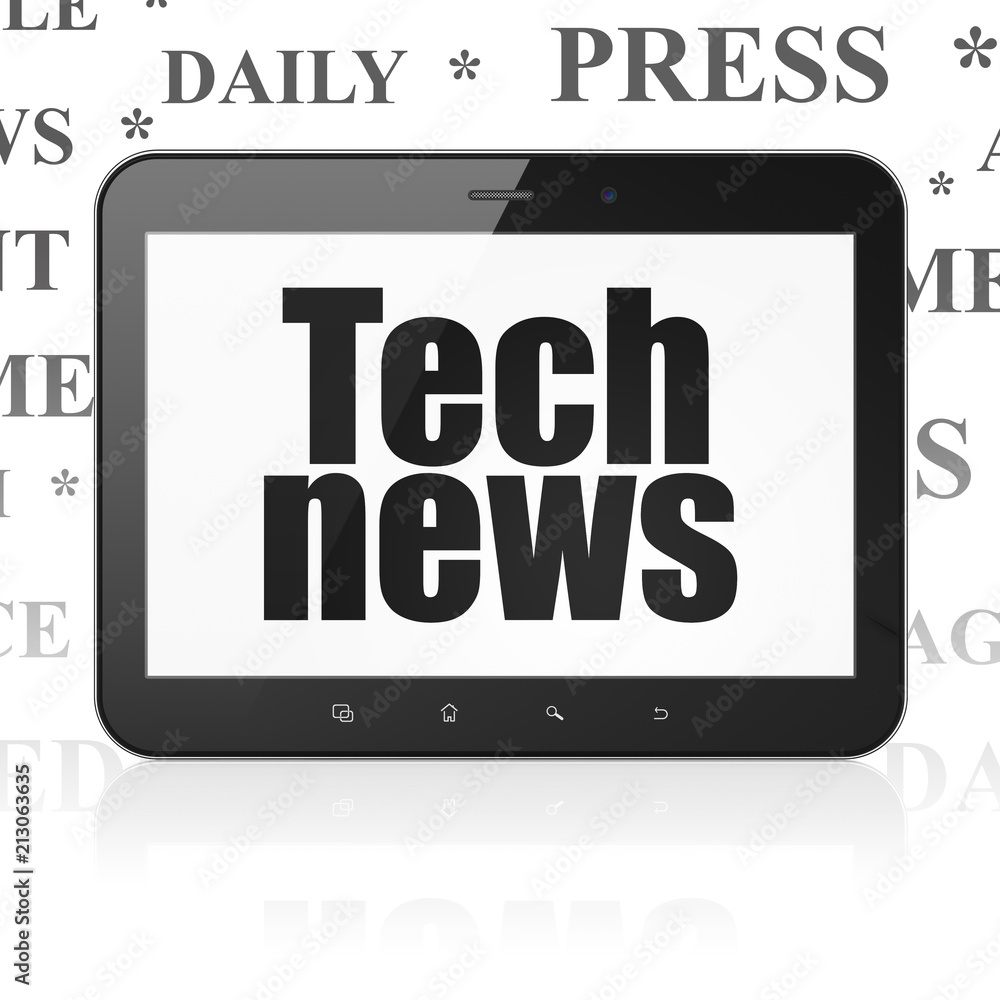 Poster news concept: tablet computer with black text tech news on display, tag cloud background, 3d renderi