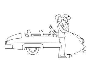just married couple with car isolated icon