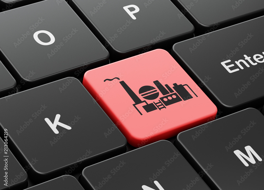 Poster industry concept: computer keyboard with oil and gas indusry icon on enter button background, 3d ren