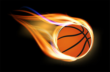Fototapeta premium Flying and burning basketball ball on black background