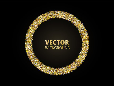Golden sparkle background, glitter circle frame. Black and gold vector dust.