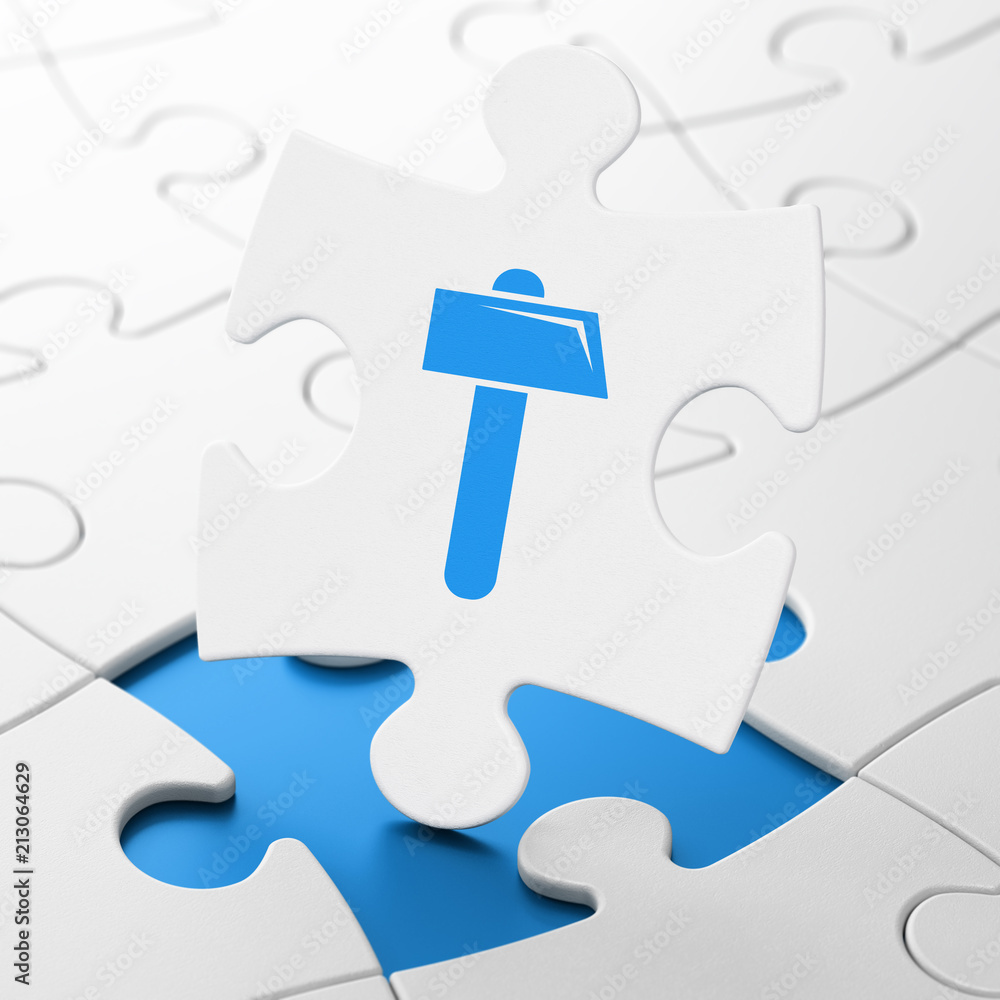Poster constructing concept: hammer on white puzzle pieces background, 3d rendering