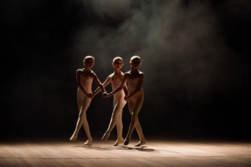A group of small ballet dancers rehearses on stage with light and smoke