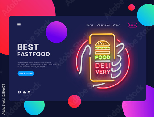 Delivery Food Neon Horizontal Web Banner Vector Fast Food