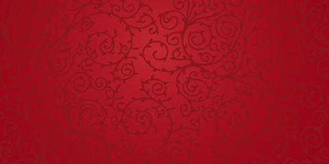 Red floral ornament design for background. Dark swirls and leaves on red surface.