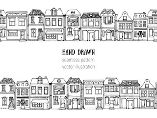 Hand drawn European city houses horizontal seamless pattern. Cute cartoon style vector illustration.. Colorful modern townhouse building sketch. City buildings, Doodle decorative elements collection.