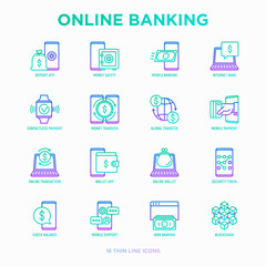 Online banking thin line icons set: deposit app, money safety, internet bank, contactless payment, credit card, online transaction, check balance, mobile support, blockchain. Vector illustration.