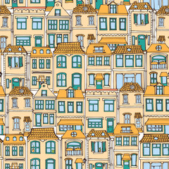 Hand drawn European city houses seamless pattern. Cute cartoon style vector illustration. Colorful Modern townhouse building sketch. City buildings, Creative Doodle decorative elements collection.
