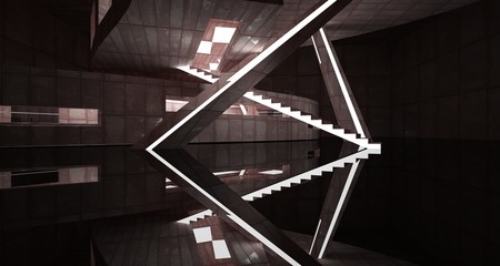 Empty smooth abstract room interior of sheets rusted metal with gray concrete. Architectural background. 3D illustration and rendering