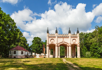 Remains of Pac Castle under blue cloudy sky, Dowspuda, Poland