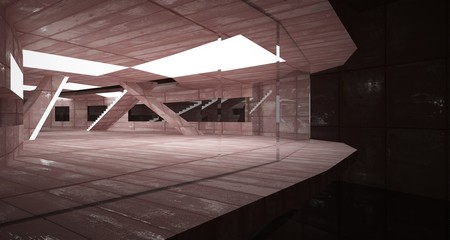 Empty smooth abstract room interior of sheets rusted metal with gray concrete. Architectural background. 3D illustration and rendering