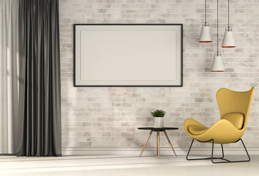 3D rendering of living Room Interior with armchair, plants, and mockup blank poster on a wall 