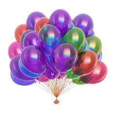 party balloons bunch colorful. birthday decoration multicolored. helium balloon bunch glossy different colors. holiday, anniversary celebration symbol. 3d illustration