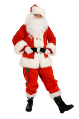 Traditional Santa Claus dancing holding his belt.