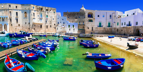 Fototapeta na wymiar Traditional Italy - white town Monopoli with colorful fishinng boats. Puglia