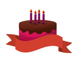 sweet cake with candles and ribbon isolated icon