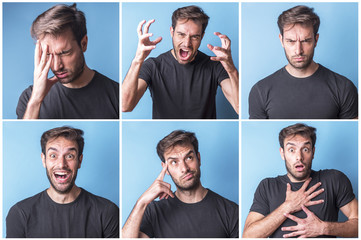 Collage of a young man expressing six different emotions, anxiety, headache, anger, frowning, happiness, curiosity and shock