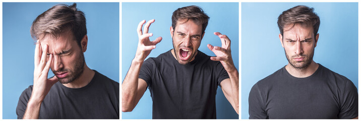 Collage of a young man expressing three different emotions, anxiety, headache, anger and frowning...