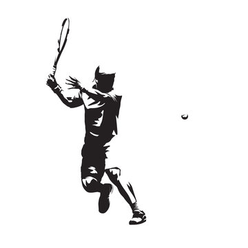 Tennis player isolated vector silhouette, abstract ink drawing of tennis athlete. Forehand. Individual summer sport, active people