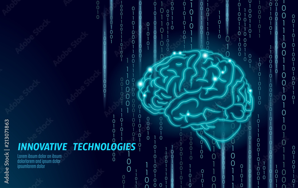 Poster digital 3d shape of human brain. low poly polygonal particle point line geometric render. mental edu